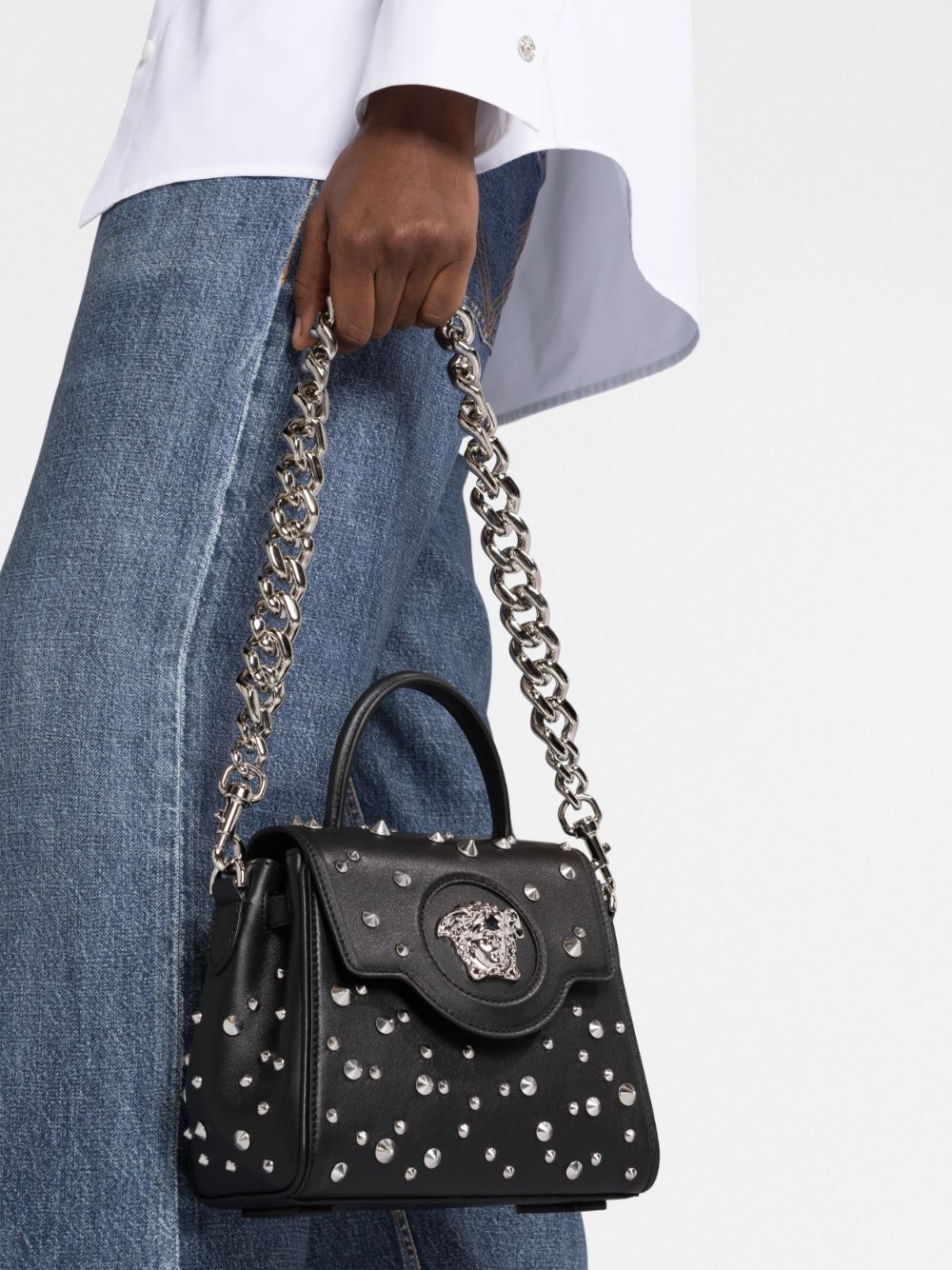 Versace small La Medusa studded top-handle bag