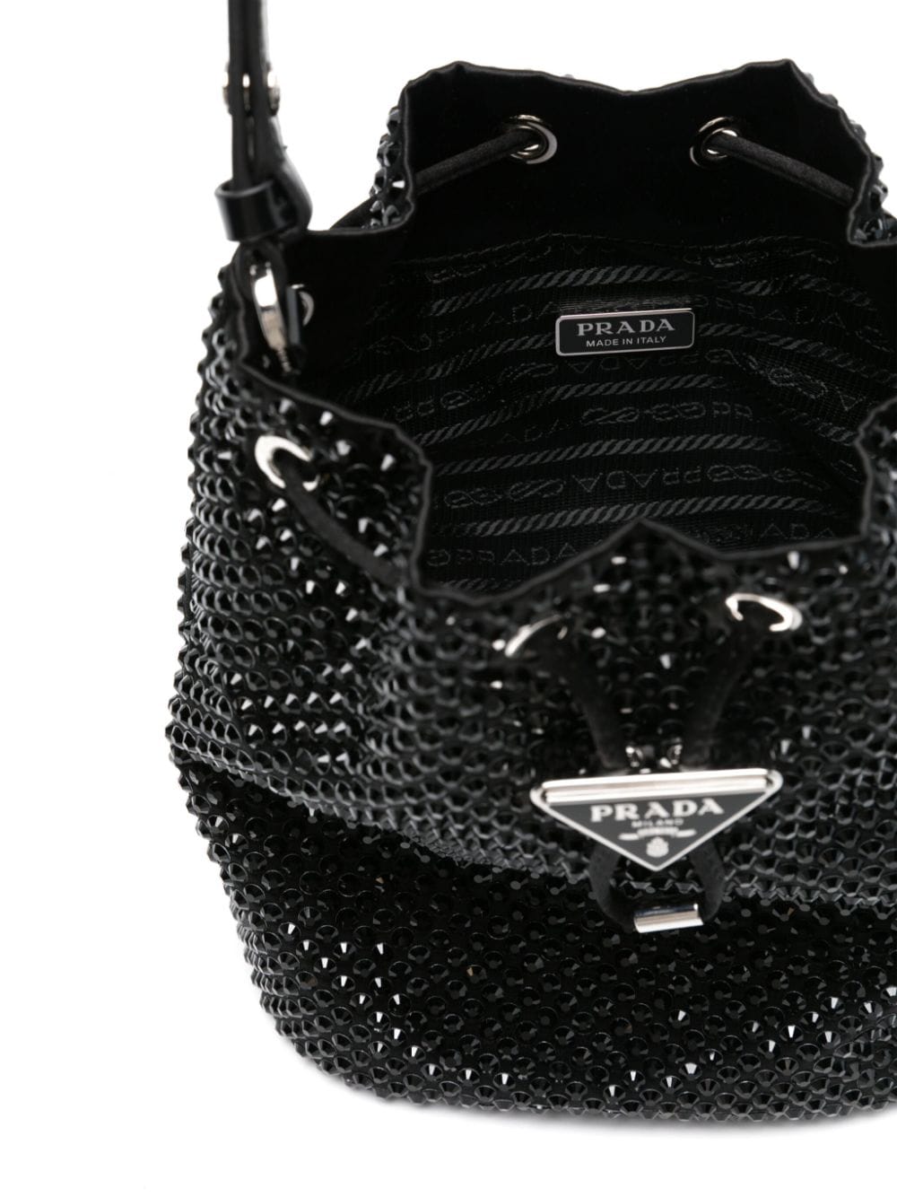 Pra*a enamel-logo crystal-embellished bucket bag