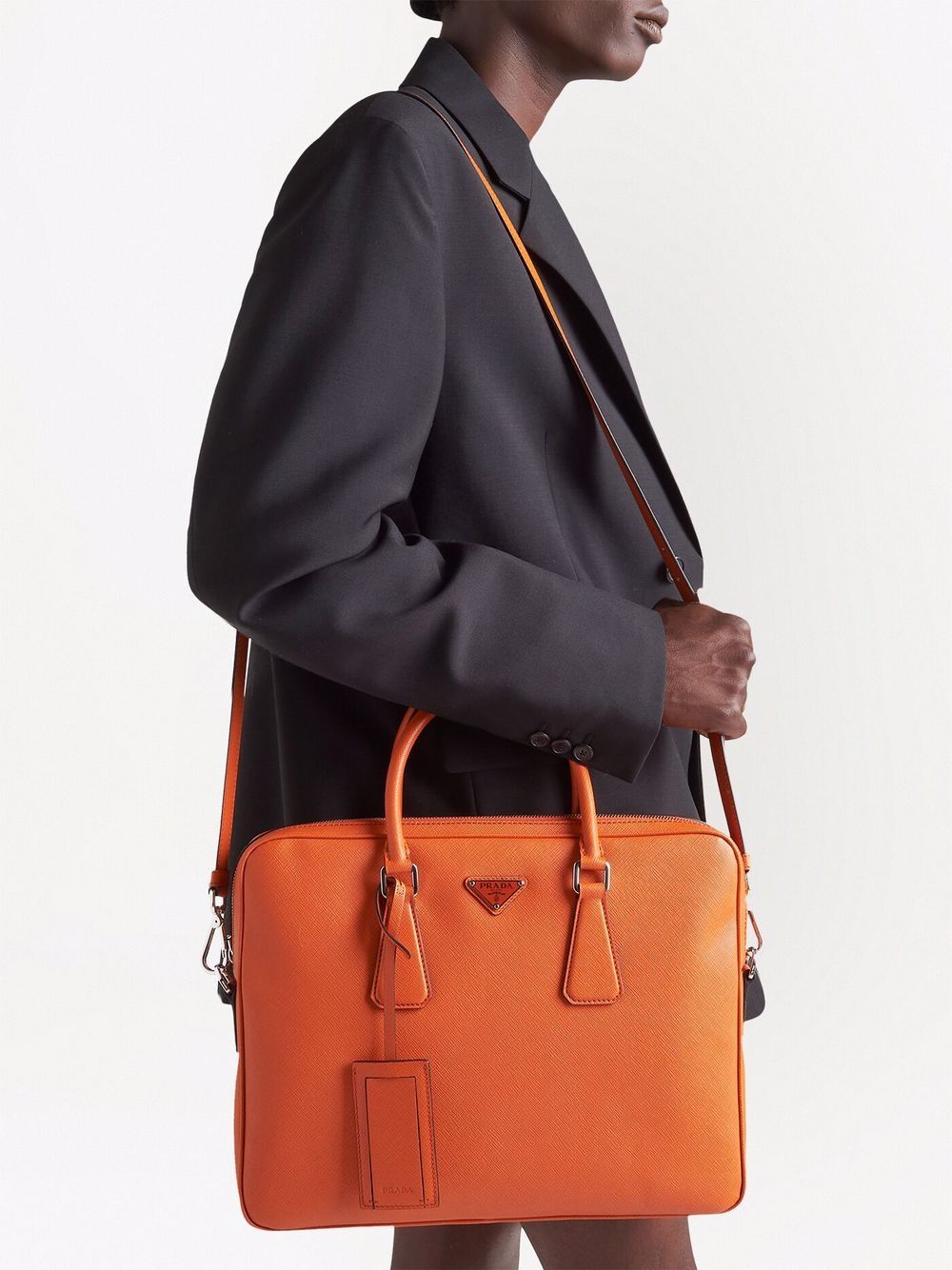Pra*a triangle-logo saffiano leather briefcase