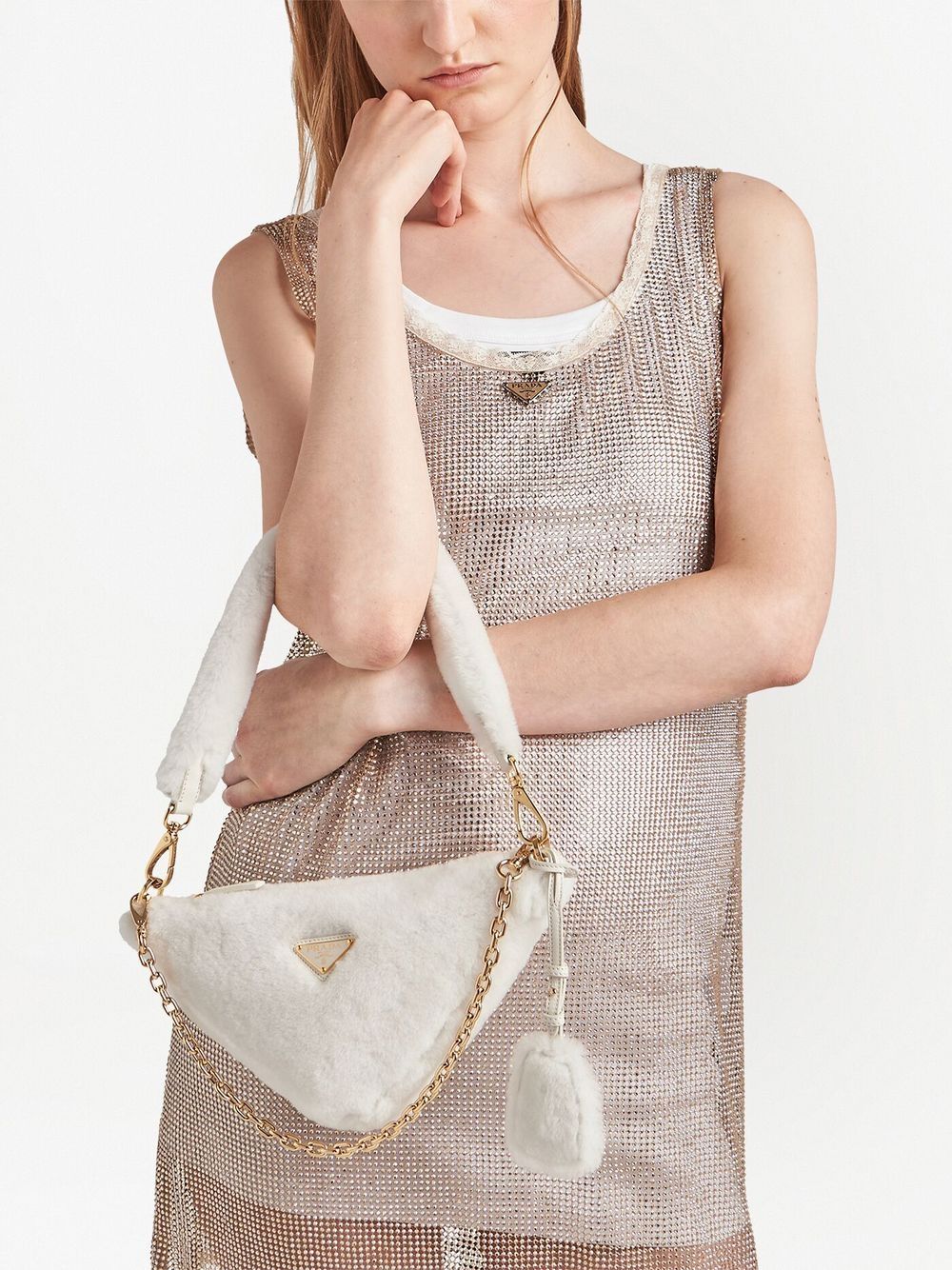 Pra*a mini triangle logo shearling shoulder bag