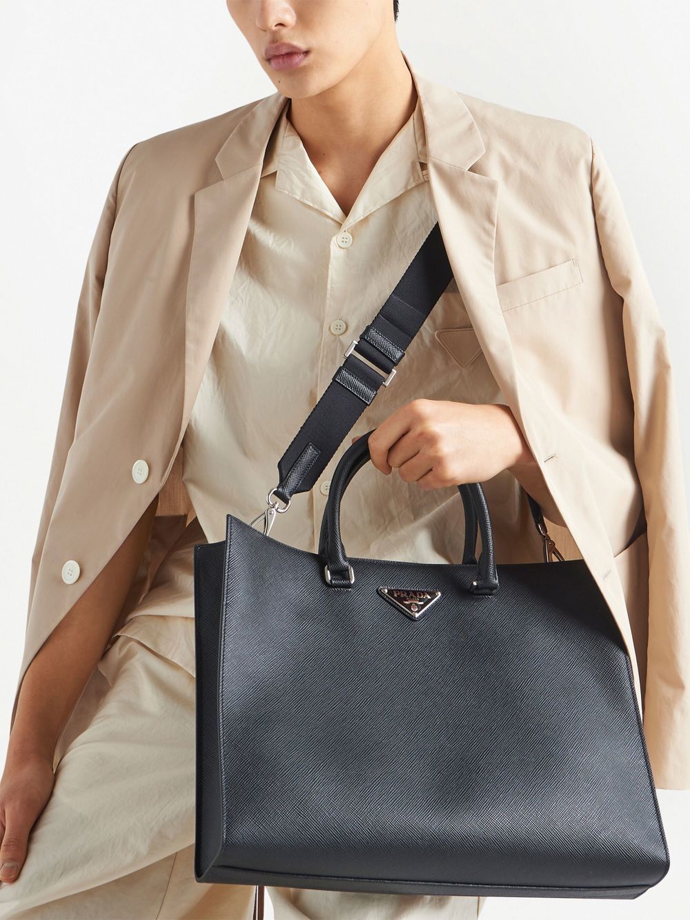 Pra*a leather logo-patch tote bag