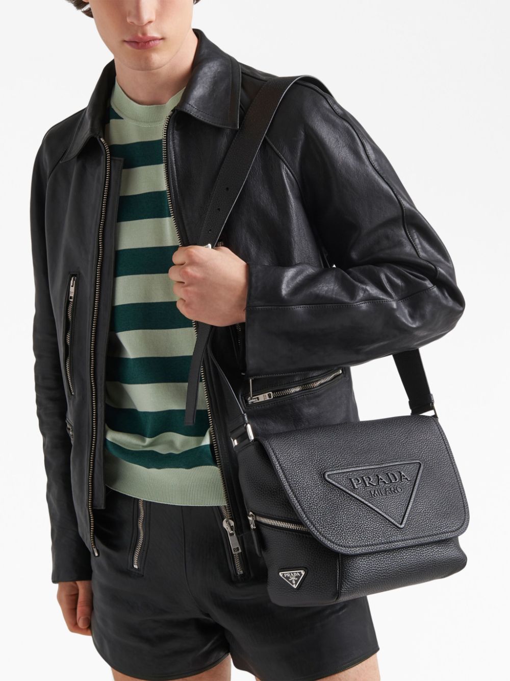 Pra*a logo-embossed leather messenger bag